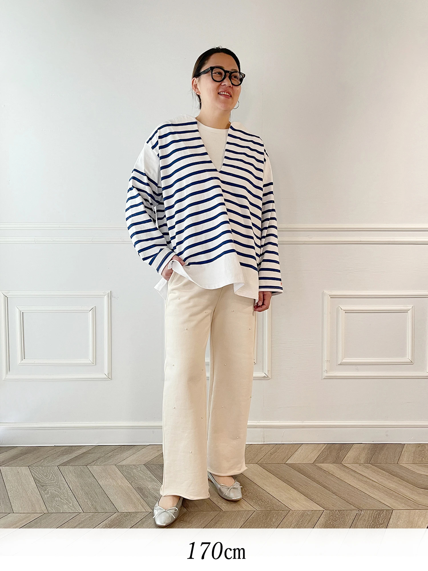 Brown&Street バスクボーダーカットソー レディース ホワイト×ブルー 長袖 Tシャツ トップス プルオーバー Vネック おしゃれ 新品 バスクボーダーカットソー / Brown&Street（ブラウンアンド