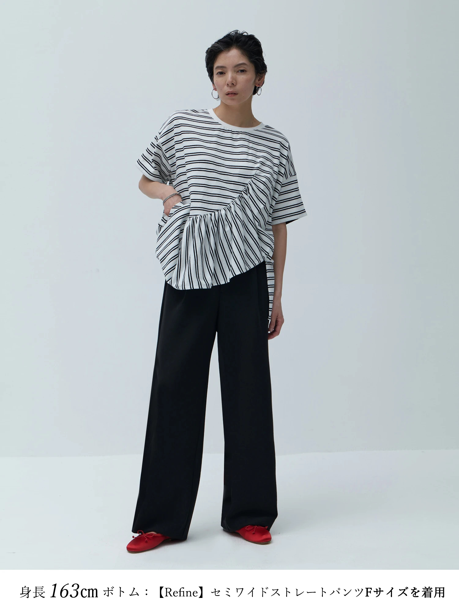 Brown&Street アシンメトリーペプラムボーダーTシャツ カットソー レディース ホワイト 半袖 トップス 丸首 おしゃれ 新品 アシンメトリーペプラムボーダーT / Brown&Street（ブラウン
