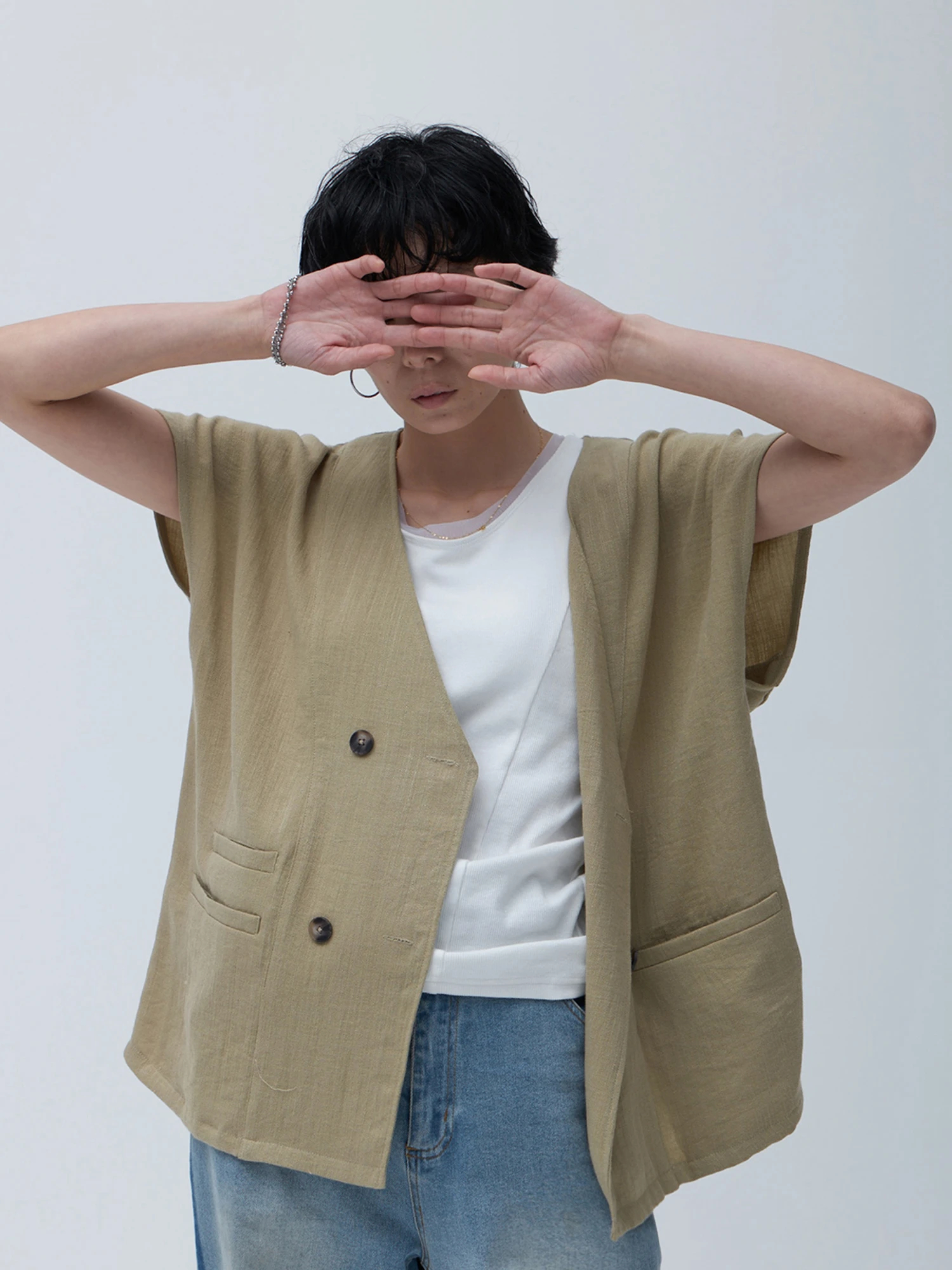 Lapin ＹＥＮＮ　ブラウン ダブルボタン ベスト Fサイズ リネンライクダブルボタンベスト / Brown&Street（ブラウンアンド