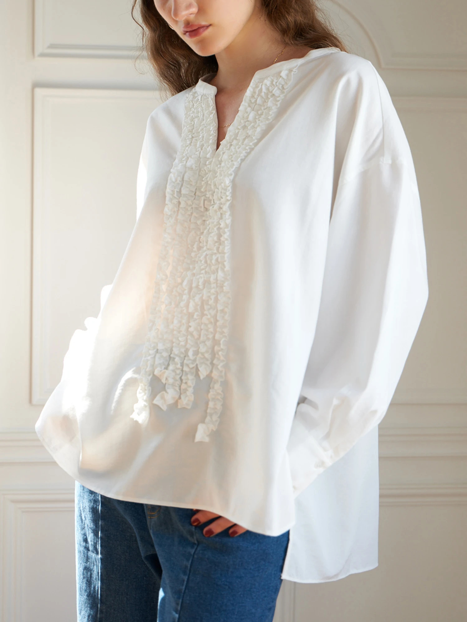 ホワイトフリルポロシャツ TL457 パウロ・ホワイト Haddow たたみフリルカラーシャツ